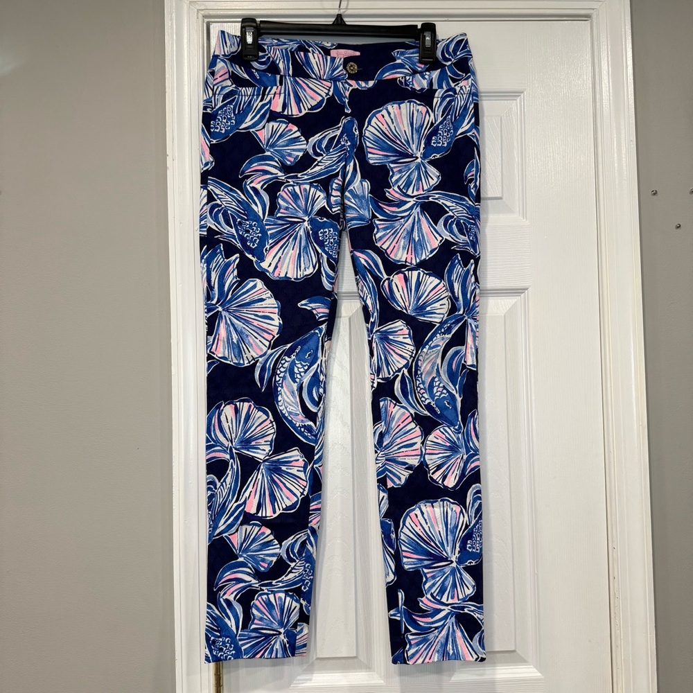 Lilly Pulitzer Kelly Skinny Ankle Pant Reel Life Koi Fish Size 4 Blue Pink White